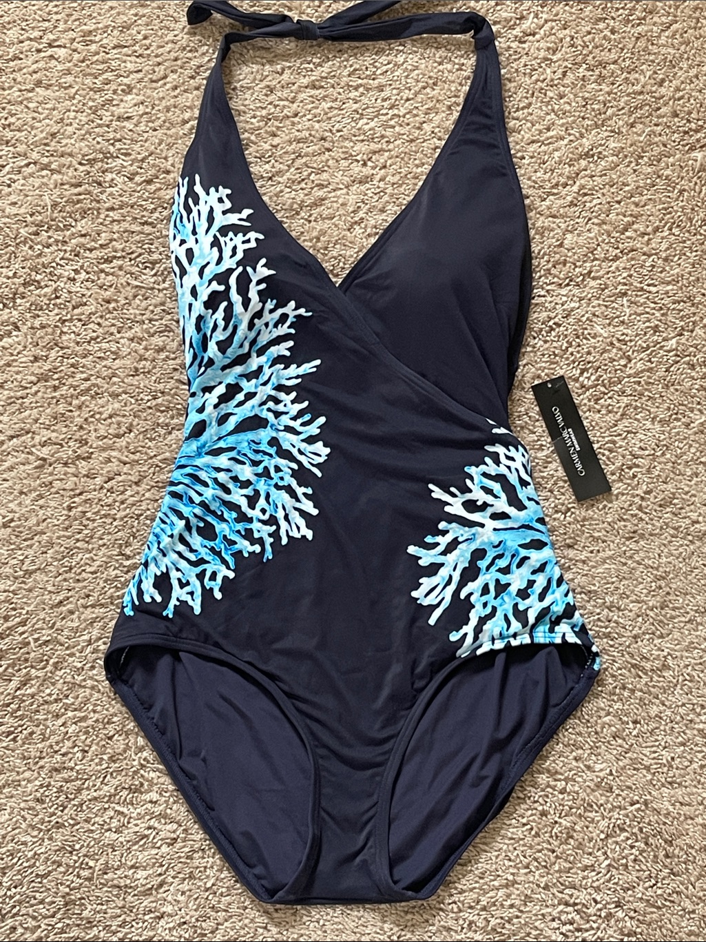 Carmen Marc Valvo Deep Ocean Coral Print Wrap Halter One Piece Swimsuit 14 Nwt